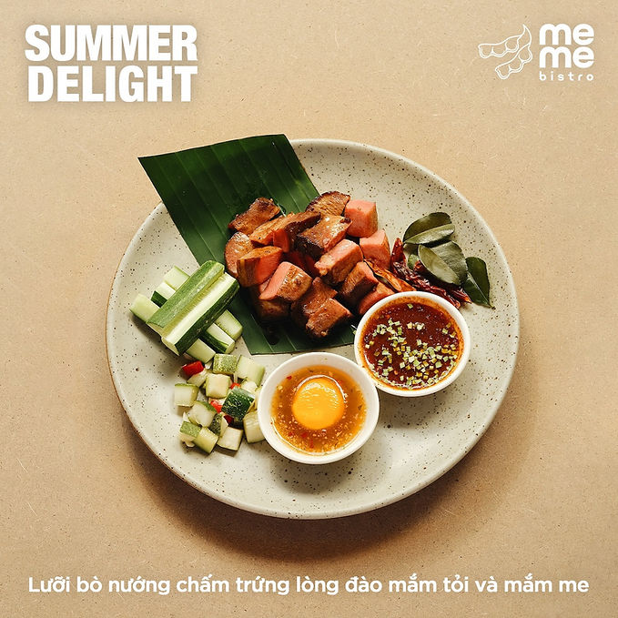 Lưỡi bò nướng chấm trứng lòng đào mắm tỏi và mắm me